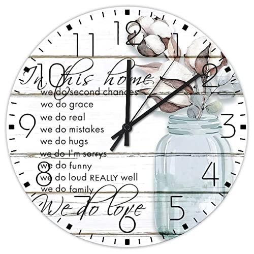 Wood Wall Clocks Non-Ticking Sweep Movement in This Home We Do Chances Rustic Wall Clocks Cotton Blooms Floral Home Decor for Study Room Patio Exercise Room 15x15 Inch
