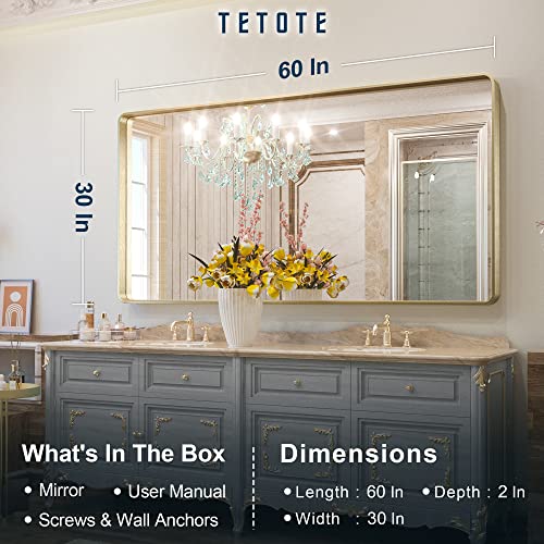 Tetote 60 X 30 Inch Brushed Gold Bathroom Mirror, Rectangle Metal Frame Brushed Brass Vanity Mirror, Modern Round Corner Wall Mirrors Shatterproof (Horizontal/Vertical) #TOP5