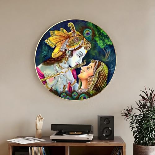 Image of PAINTINGMANTRA Radha Krishna Pichwai Art Round Large Wall Art Painting for Living Room Decoration, Circular Gold Metal Finish Stylish Large Wall Art Print for Wall Decor (22x22 Inches)