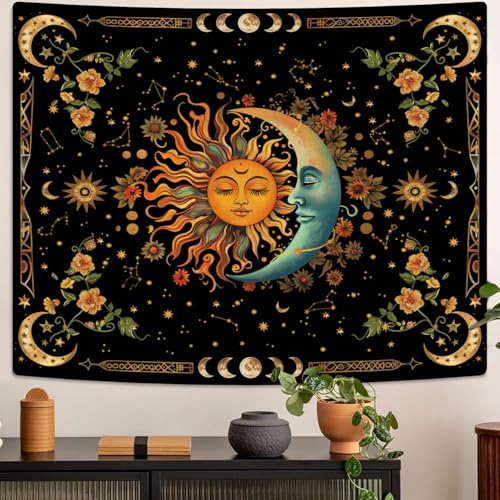 ARTCREATOR Sun and Moon Tapestry Astrology Space Wall Hanging Boho Hippie Floral Plant Tapestries Aesthetic Vintage Mandala Flower Decor for Living Room Bedroom (70" x 90") — view 3