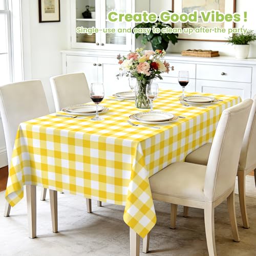 Image of Mulbozy 4 Pcs Yellow Checkered Tablecloth 54 x108 Inches Rectangle Yellow Gingham Tablecover Disposable Plastic Waterproof Table Cover for Outdoor Picnic, Kitchen, Holiday Birthday Party