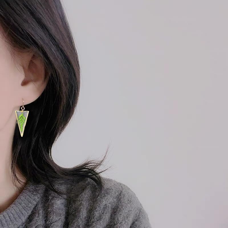 Pressed Fern Leaf Triangle Resin Dangle Drop Earrings for Women Handmade Bohemian Green Dried Leaves Retro Gold Filled Ear Wire Hook Summer Earring Natural Plant Jewelry - Image 2