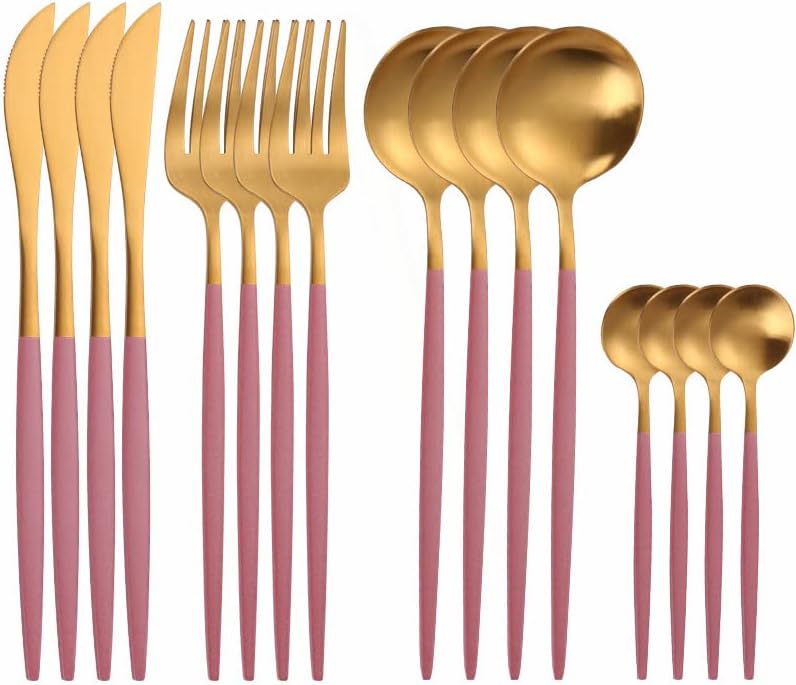 Silverware Set, 16PCS Matte Tableware Spoon Fork Knife Cutlery Set Stainless Steel Dinnerware Set Dinner Set Home Eco Friendly Flatware Serves for 4 (