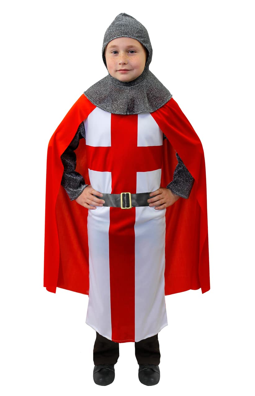 I LOVE FANCY DRESSChilds Knight Costume - St George's Cross Tunic + Red Cape + Coif - Boys and Girls St George's Day Lionheart Medieval King Arthur Costume (6 – 8 Years)