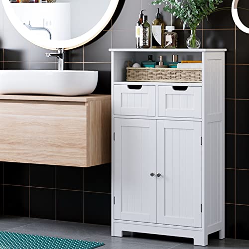 Urkno Bathroom Storage Cabinet, Wood Floor Cabinet With Drawers And Doors, Corner Freestanding Cabinet For Home Office, White #TOP1
