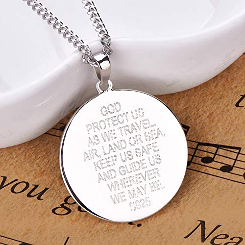 Yl St Christopher Necklace Solid 925 Sterling Sliver Personalized Engraved Round Medallion Antiqued Religious Protector Talisman Pendant, Medal, 24" #TOP2