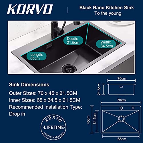 KORVO Schwarze Einbauspüle, 70 x 45 cm handgefertigt aus Edelstahl Einzelbecken, Küchenspüle gesprenkelt reversibel + Siphon Waschbecken - Image 4