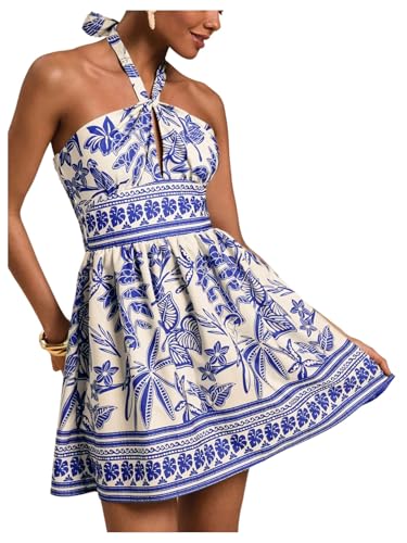 Image of Floerns Women's Floral Print Sleeveless Halter Neck Tie Back Summer A Line Dress