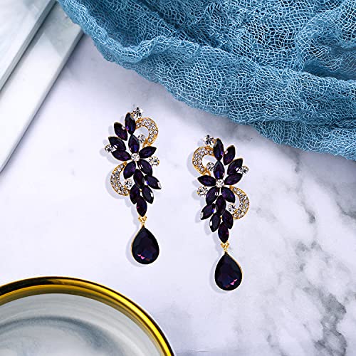 Brilove Women's Wedding Bridal Dangle Earrings Bohemian Boho Crystal Flower Chandelier Teardrop Bling Earrings Amethyst Color Gold-Tone. #TOP2