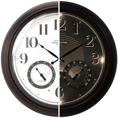 Presentime & Co 18" Illuminated in/Outdoor Clock with Smart Sensor and Night Light, Waterproof, Large Wall Clock with Thermometer & Hygrometer, for Garden and Patio - Oil Rubbed Bronze