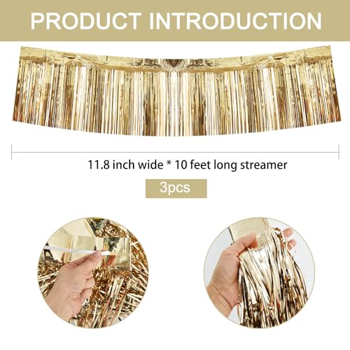 Image of BEISHIDA 3 Packs Metallic Foil Fringe Garland Champagne Wall Hanging Tinsel Fringe Banners for Car Floats Halloween Bridal Shower Wedding Birthday Easter Graduation Holiday Party Decoration(30Ft)
