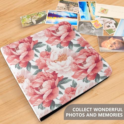 ALAZA Álbum de Fotos con Flores Peony, cubierta de cuero PU, diseño de 3 anillas, 20 hojas autoadhesivas, multicolor, para recuerdos de bodas, familia y viajes miniatura 4