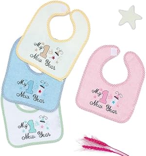 مريلة أطفال قطنية مع طبقة مضادة للماء، 4 قطع، تصميم السنة الجديدة، أبيض وردي أزرق أخضر، 17×15 سم، للأطفال حديثي الولادة