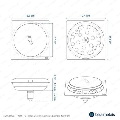 Ralo Click Inteligente de Banheiro 10x10 cm (Inox Dourado)