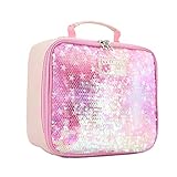 Kids Lunch Box Insulated Back to School Reusable Tote Lunch Bag for Girls and Boys Flip Sequin Pink