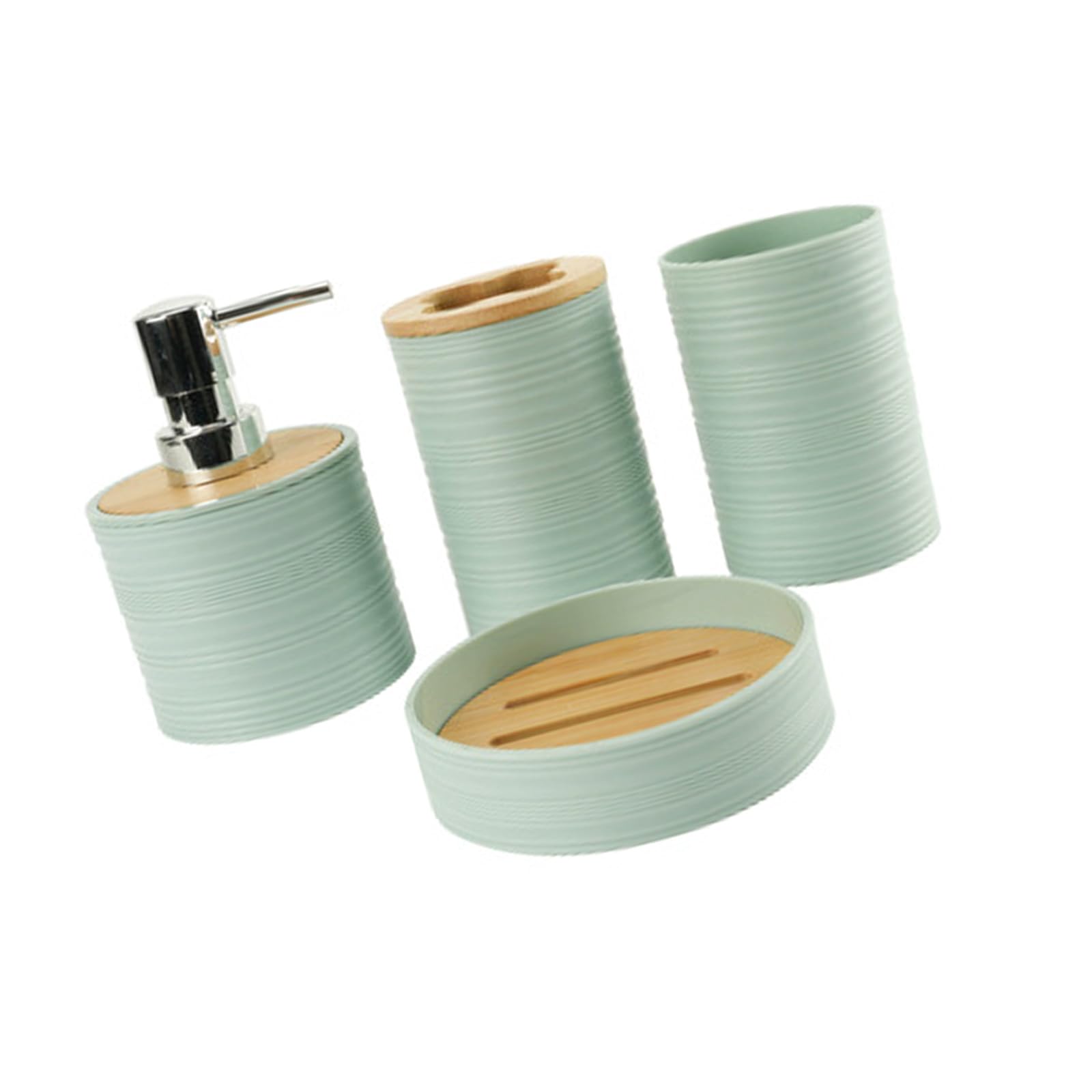 Wave-Patterned Bathroom Containers 4PCS with Natural Cane Plant Lids Polymer Toothbrush Cup Soap Countertop Set Bathroom Organizers with Lid