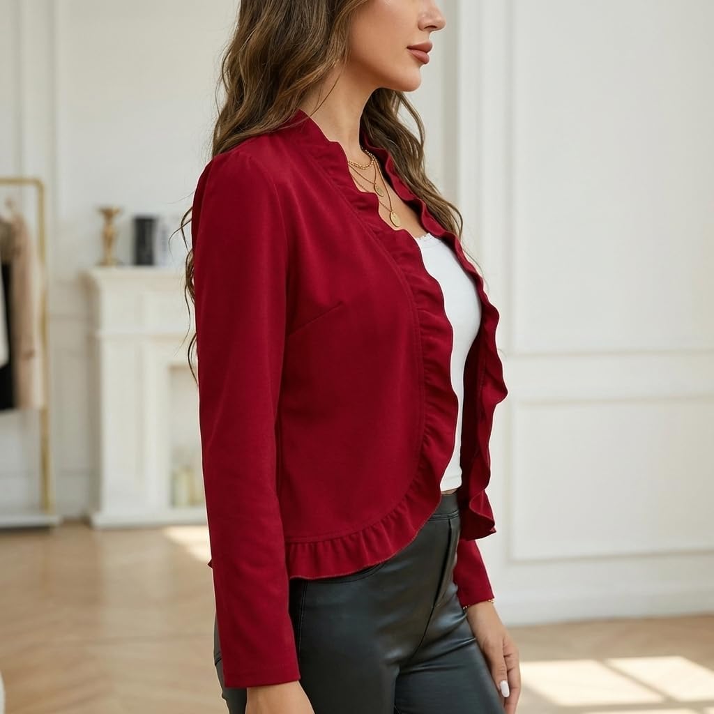 Women's Ruffled Denim Jackets Long Sleeve Open Front Jean Cropped Top Coat Trendy Jean Jackets