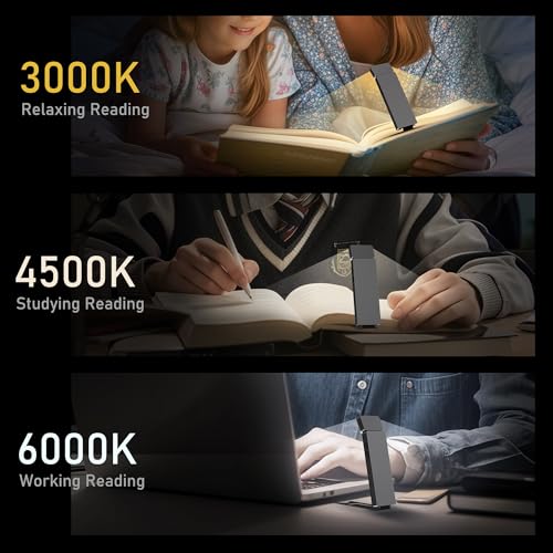 Image of LED Rechargeable Clip-On Book Light for Reading in Bed at Night, Eye-Protection Small Bookmark Lamp with 3 Colors & 5 Brightness,80 Hrs Runtime, Reading Light for Book Lovers, Kids. (Grey)