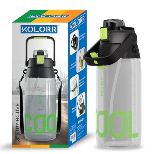 Image of KOLORR Sprint+ 2000 ml Fitness Gym Non-Toxic Water Bottle|Dual Opening Mount Design with Mobile Holder|Motivational Bottle|Durable Handle, Easy to Carrying Strap, One-Click Lock - Black & Green