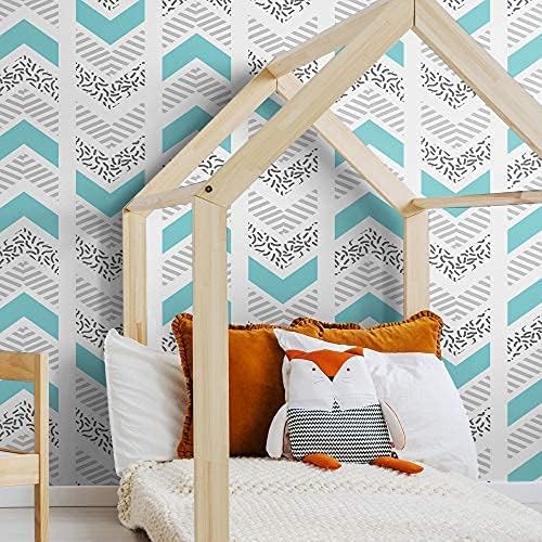 Walls By Me Peel and Stick Grey and Blue Chevron Geometric Removable Wallpaper 4094-2ft x 8.5ft (61x260cm)