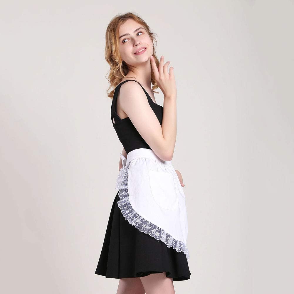 Aspire Waist Apron with Pockets, Women's Kitchen White Half Apron, Lace Cotton Costume Maid Apron for Cooking - S - Image 5