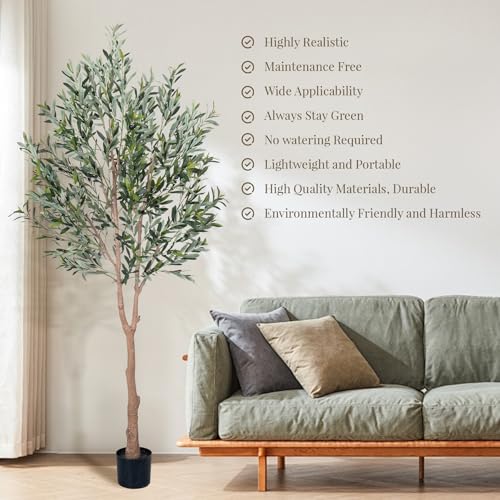 Olive Tree Artificial Plant 7FT, Artificial Olive Tree with Basket Mediterranean Silk Screened Broad-leaved Olive Tree Realistic Fruit, Lifelike Nordic Style Home Aesthetic Hotel Store Decor