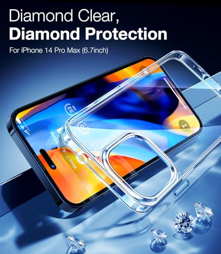 Image of TORRAS Diamond Clear Designed for iPhone 14 Pro Max Case, [10FT Military Grade Drop Tested] [Non-Yellowing] Shockproof Protective Hard Back Slim Clear Case for iPhone 14 Pro Max, 6.7 Inch, Clear