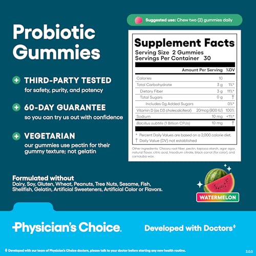 Image of Physician's CHOICE Probiotic Gummies with Vitamin D & Prebiotic Fiber - Sugar Free - 1B CFUs of Clinically Studied Probiotic - Supports Immune & Gut Health for Women & Men - Watermelon Flavor - 60CT