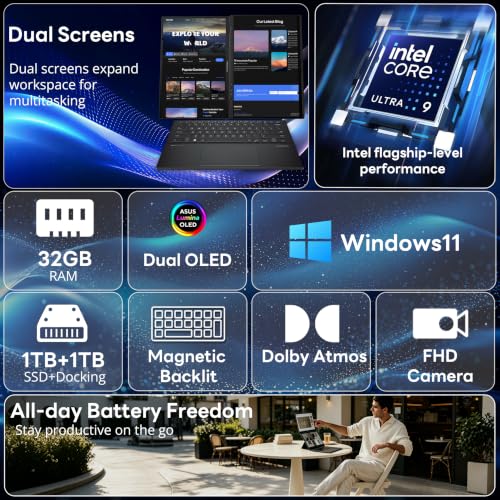 Image of ASUS Zenbook Duo 2-in-1 14 inch WUXGA OLED AI Touchscreen Laptop, Intel Ultra 9-285H, 32GB LPDDR5X, 2TB Storage (1TB SSD&1TB Dock), Intel Arc 140V, Magnetic Backlit Keyboard, Light, Wi-Fi 7, Win 11, Gray