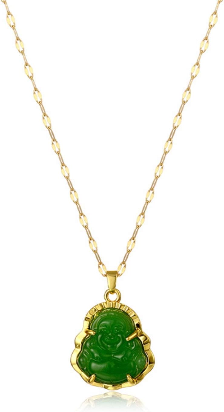 COLORFUL BLING 18k Gold Plated Laughing Buddha Pendant Necklace Green Jade Cubic Zirconia Gemstone Lucky Amulet Jewelry for Women Men