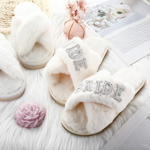 Image of 12 Pairs Women's Fuzzy Slippers Cross Band Open Toe Bridesmaid Fluffy Comfy House Slippers for Indoor Outdoor Wedding