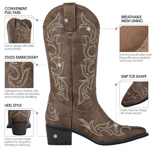 SheSole Women's Studded Cowgirl Cowboy Boots Snip Toe Mid Calf Fashion Western Boots3