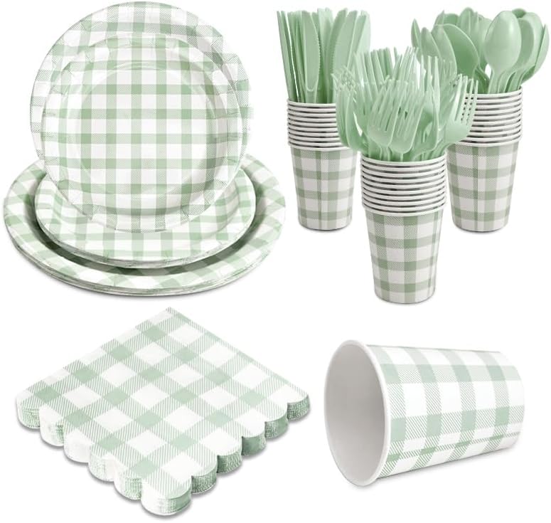 168pcs gingham party supplies for 24 guests thick paper plates and napkins knives spoons forks cups disposable party set cutlery for dinner baby shower wedding favor(sage green)