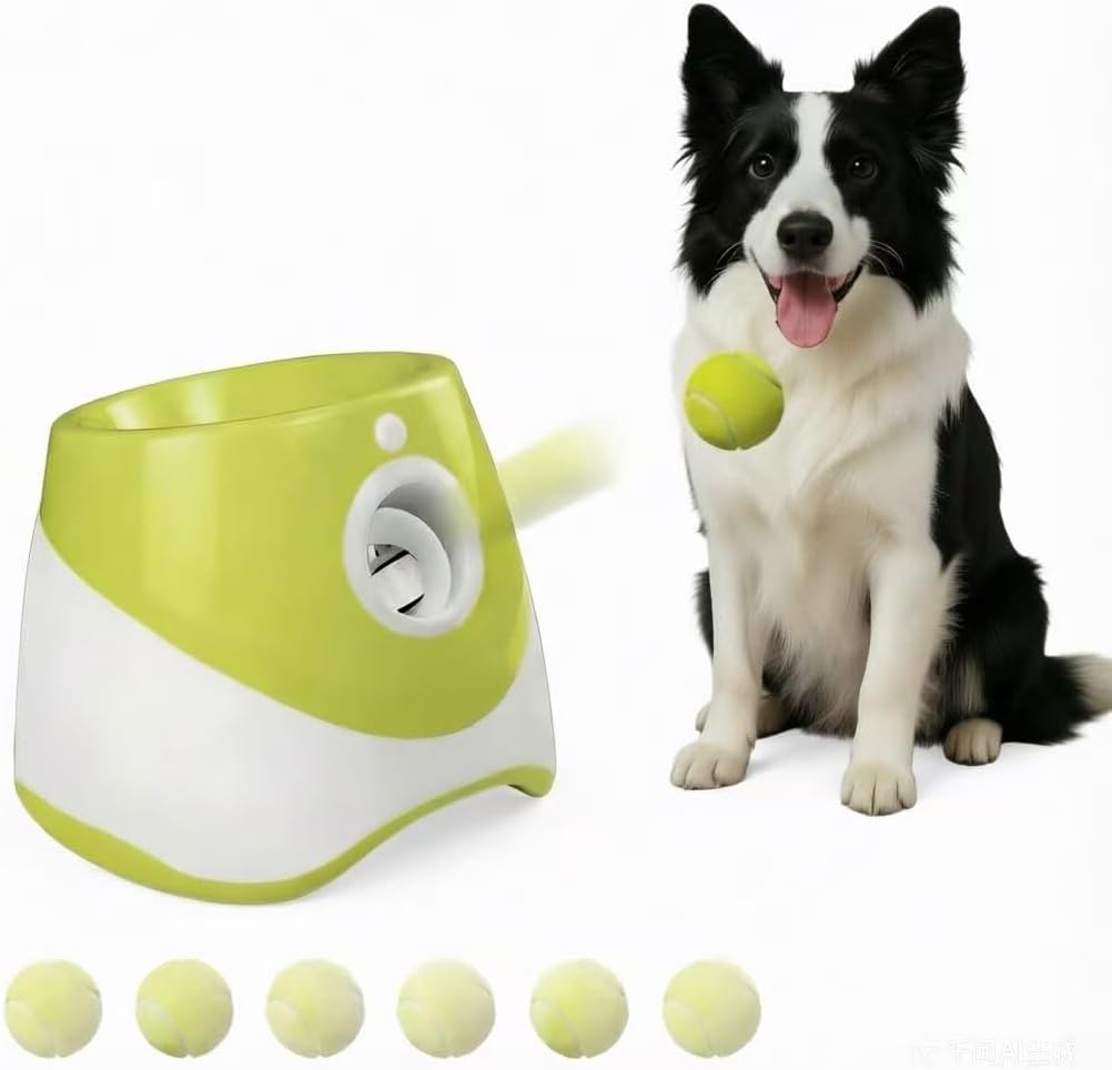Automatic Dog Ball Launcher, 10-30ft Adjustable Fetch Toy for Small Medium Dogs, with Tennis Balls & Collapsible Water Bowl, for Indoor Outdoor Play and Training