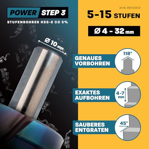 Stufenbohrer Set Ø 4-12 + 4-20 + 4-32 mm / 3 Stck. Profi Metallbohrer Kegelbohrer HSS-E Co 5% / Amboss PowerStep 3 TiAlSiN Blue Nano Guard/für Stahl, Inox, Edelstahl, Alu, Kunststoff, Acrylglas