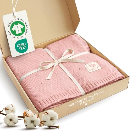 Merle Toys Premium Babydecke Baumwolle 100% Bio - GOTS & Oeko-TEX Zertifizierte Strickdecke Baby Decke Neugeborenen Kuscheldecke Baby Blanket Newborn Cotton Babydecke Bio Baumwolle Rosa