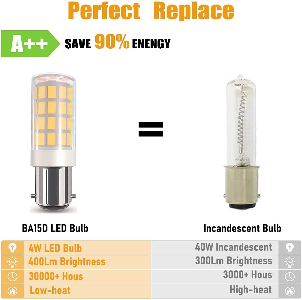 BA15D LED Bulb 15T7DC Base Sewing Machine Light Bulbs Double Contact Bayonet Base 120Volt for Kenmore, featherweigh,Singer,Brother,Antique,4W(40W Halogen Equivalent) 4-Pack(Warm White 3000K)