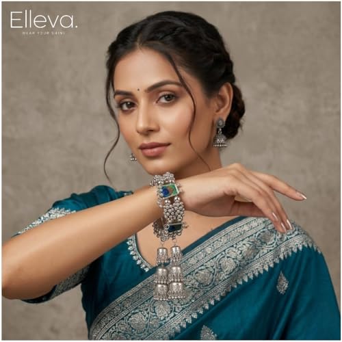 Image of Traditional Bangles set for Women | Oxidised Jewellery Bracelet for Girls Stylish | Latkan Chain Peacock Bangle Bracelet Adjustable for Navratri Festive Jewelry set of 1 (Pack of 1)
