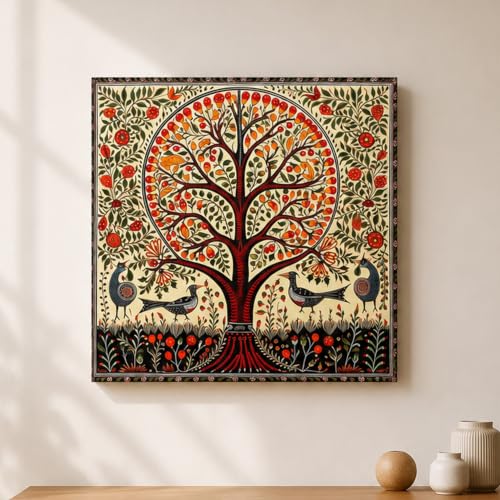 Image of PAINTINGMANTRA Madhubani Folk Art Stretched Canvas Painting for Living Room | Tree Birds Painting Wall Decor Art For Livingroom, Bedroom, Office, Hallways - 22x22 Inch