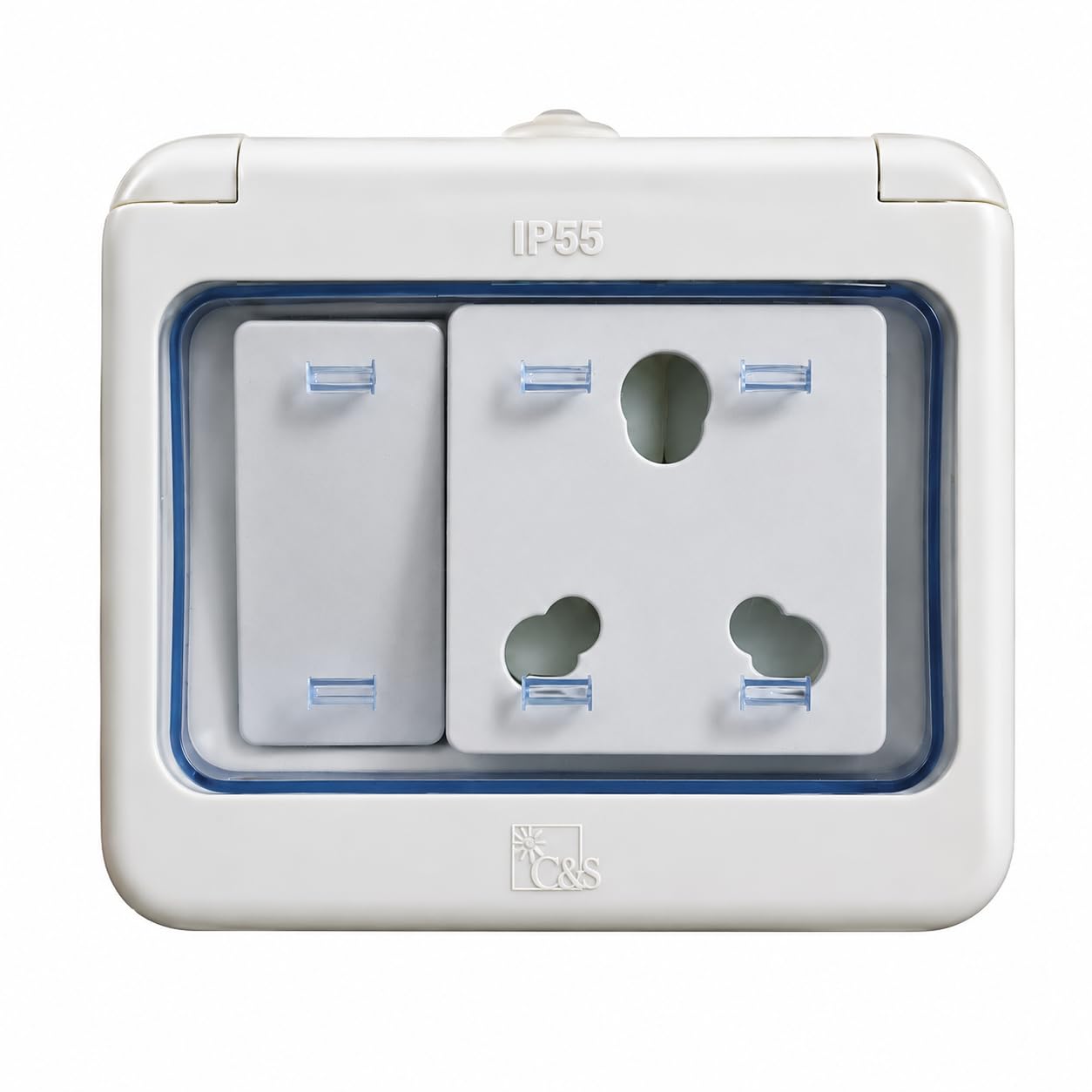 cartell ip55 c&swaterproof 3 module switch socket box with 16a universal socket & 16a switch | weatherproof dustproof wall mount power outlet for garden, balcony, bathroom & outdoor use