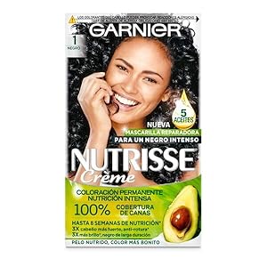 Garnier Nutrisse Creme Coloración Nutritiva Permanente, Tinte 100% Cobertura de Canas con Mascarilla Nutritiva de 4 Aceites – Tono 1 Negro