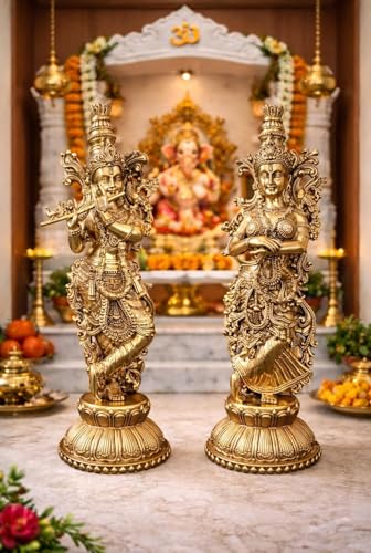 Image of Brass Radha Krishna Idol Murti for Pooja | Pure Brass Hindu God Statue | Home Temple Decor & Gift | 13 cm, 225 g