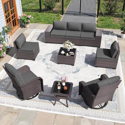Image of 9 PCS Outdoor Patio Furniture Set,Outdoor Sectional Furniture All Weather PE Rattan Wicker Patio Conversation Set,Swivel Rocking Chairs Set,Grey