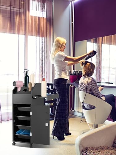 عربة صالون تجميل متحركة من كالولاري، عربة تخزين لصالون الشعر مع عجلات وصناديق قابلة للقفل وحامل مجفف الشعر وصينية جانبية لصالون الحلاقة والتاتو ومحطة تصفيف الشعر، باللون الأسود