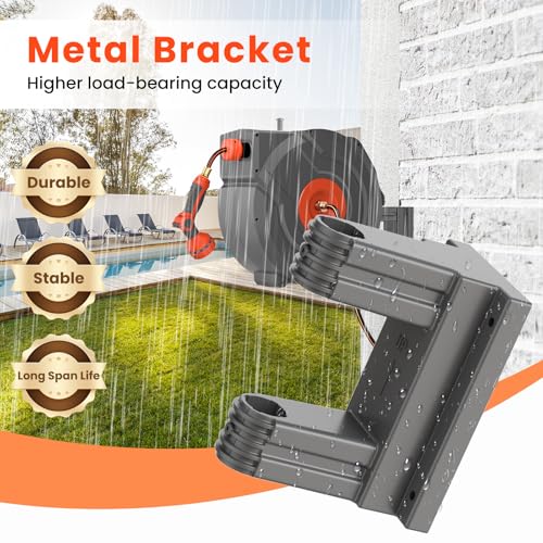 Upgraded Retractable Garden Hose Reels 130 ft X 1/2" PRO Metal Bracket 180° Swivel Any Length Lock Heavy Duty Water Hose Reels Wall Mount 9 Pattern Nozzle Garden Watering - Thumbnail 3
