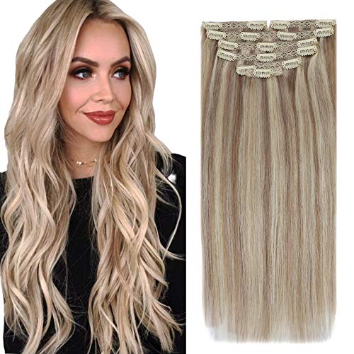VeSunny Ash Blonde Clip in Hair Extensions Human Hair Blonde Clip in Extensions Hair Straight Remy Human Hair with Salon Style 7pcs 18inch 120G/Set