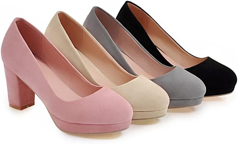 Women's Round Toe Platform Chunky High Block Heel Pumps Suede Slip-On Casual Work Office Dress Shoes