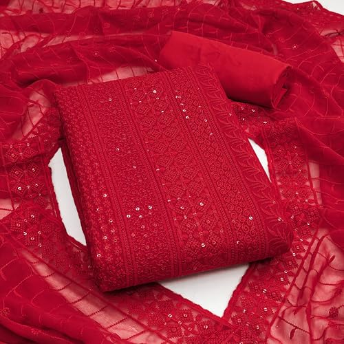 Image of Sidhidata Women's Faux Georgette Full Embroidery Lucknowi Chikankari Schiffli Work Unstitched Salwar Suit Dress Material With Embroidered Dupatta (DM Lucknowi Free Size)