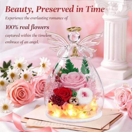 Image of encavy Birthday Gifts for Women,Fresh Flowers for Delivery,Preserved Rose Flowers in Angel Figurines,Light Up Angel Real Rainbow Roses for Mom Grandma Wife Her Girlfriend Anniversary