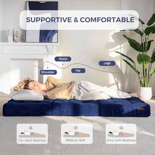 Image of MAXYOYO Tri-Fold Mattress, 6 Inches Tufted Folding Futon Foam Bed, Foldable Floor Mattress Guest Bed Futon Topper Portable Camping Sleeping with Corded Fabric, Navy, Twin